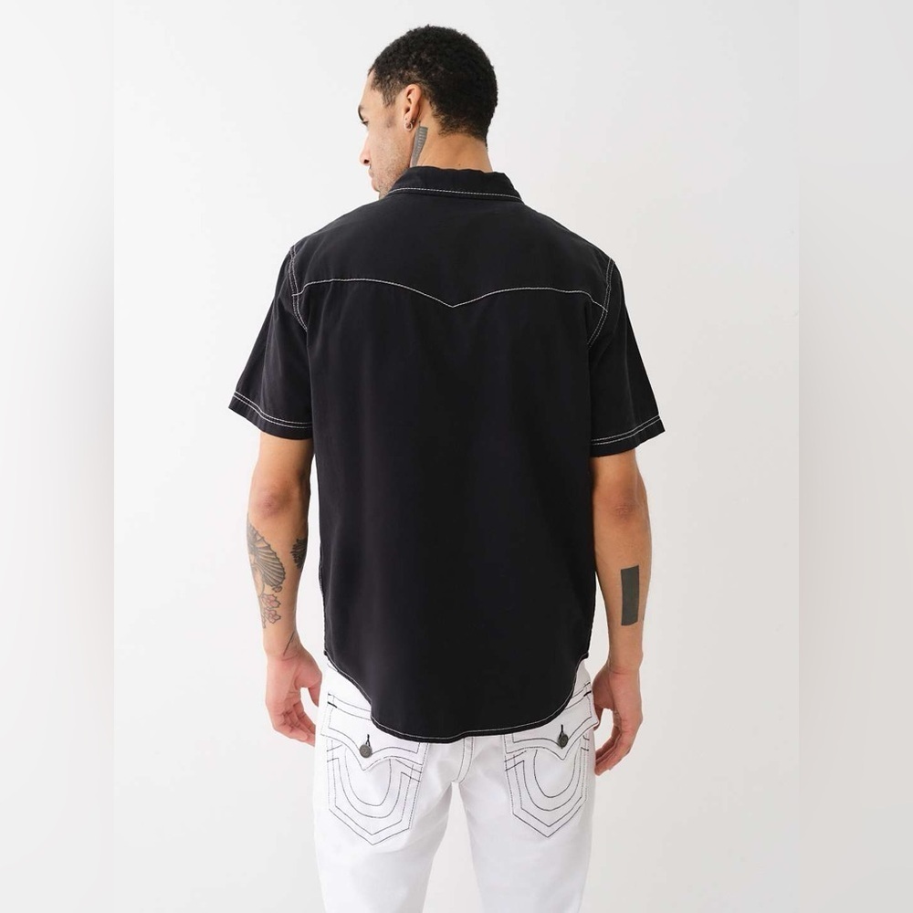 True Religion Big T Western Shirt Black Contrast Stitch Snap Button SS Sz Medium - Picture 3 of 6
